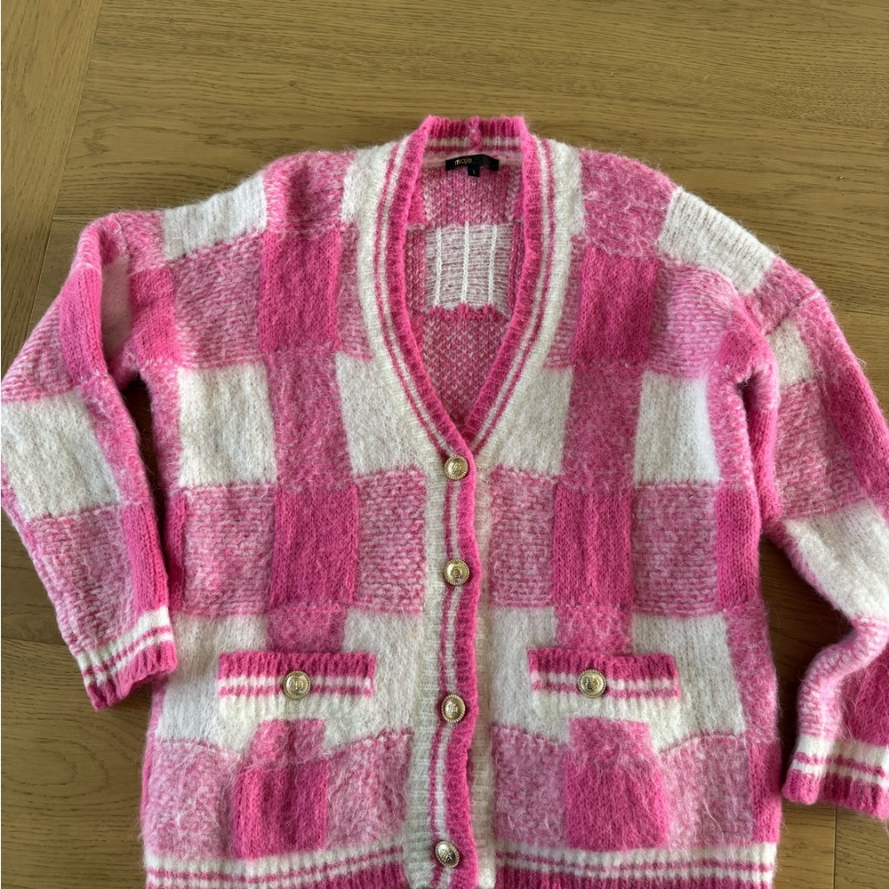Maje Pink and White Plaid Cardigan